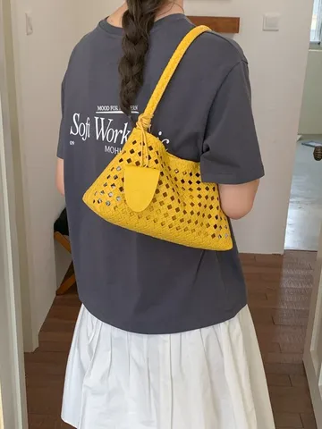 Femmes Mode Ajouré Tissé PU Cuir Épaule Sac Underarm Casual Commuter Sac à Main Élégant Été Seau Sac