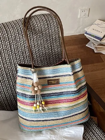 Womens Fashion Straw Woven Bucket Tote Bag Casual Striped Commuting Large Capacity Shoulder Handbag Beach Travel Bag
