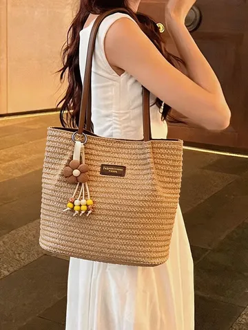 Womens Fashion Straw Woven Bucket Tote Bag Casual Striped Commuting Large Capacity Shoulder Handbag Beach Travel Bag