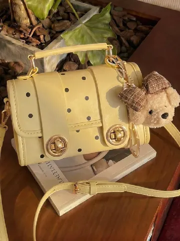 Sac Bandoulière Boston à Pois Mode pour Femmes en Cuir PU Vintage Petit Sac à Main avec Joli Pendentif Ours