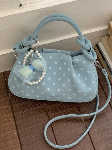 Sac Bandoulière en Cuir PU à Pois pour Femmes Sac à Main avec Nœud de Perles Artificielles