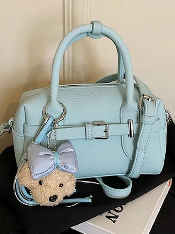Femmes Mode PU Cuir Boston Sac Minimaliste Décontracté Épaule Bandoulière Sac Avec Mignon Ours Pendentif Petit Sac À Main