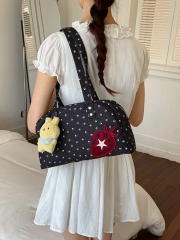 Sac Boston Oreiller Femme Pois Sac Bandoulière Casual Commuter Poignée Supérieure Avec Pendentif Peluche Sac à Main Mode
