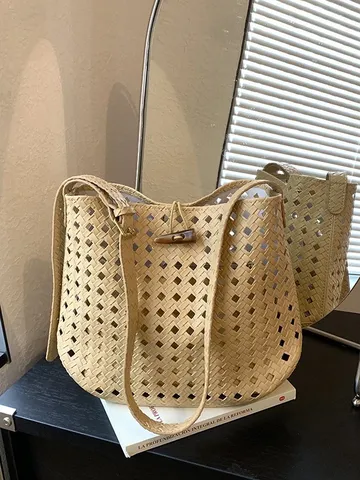Womens Retro Woven Bucket Bag PU Leather Hollow Out Casual Crossbody Shoulder Bag Large Capacity Vacation Handbag