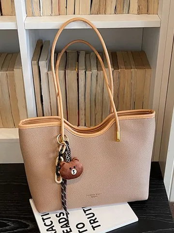 Grand Sac Cabas en Cuir PU Voyage Décontracté Sac Bandoulière Femmes Couleur Unie Sac à Main Avec Joli Pendentif