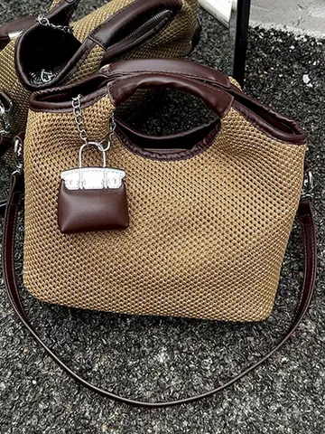 Femme Mode Sac Seau Tissé Cuir PU Patchwork Décontracté Commuter Sac à Main Bandoulière Avec Pendentif