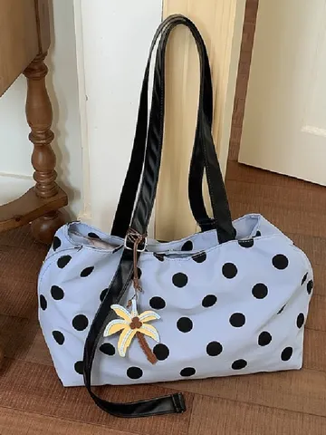Sac Cabas en Toile pour Femmes Décontracté Grande Capacité Sac Bandoulière Pois Avec Joli Pendentif Sac à Main Mode