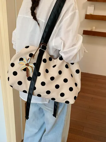 Sac Cabas en Toile pour Femmes Décontracté Grande Capacité Sac Bandoulière Pois Avec Joli Pendentif Sac à Main Mode