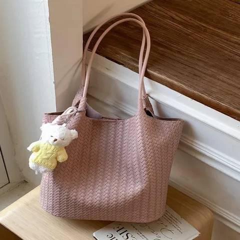 Sac Cabas Tissé en Cuir PU Style Coréen pour Femmes Grande Capacité Sac Seau Commuter Sac à Main d'Épaule Décontracté