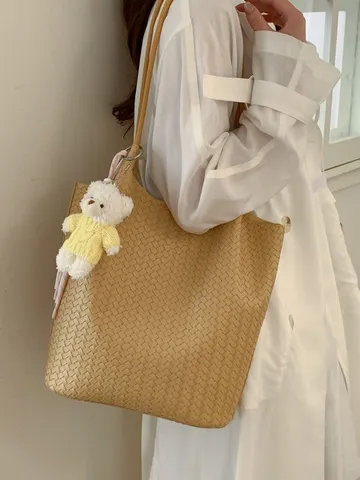 Sac Cabas Tissé en Cuir PU Style Coréen pour Femmes Grande Capacité Sac Seau Commuter Sac à Main d'Épaule Décontracté