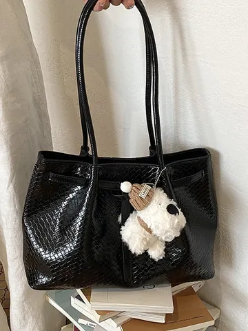Sac Cabas Tissé en Cuir PU pour Femmes Grande Capacité Sac à Main d'Épaule avec Pendentif en Peluche Mode Chic Casual
