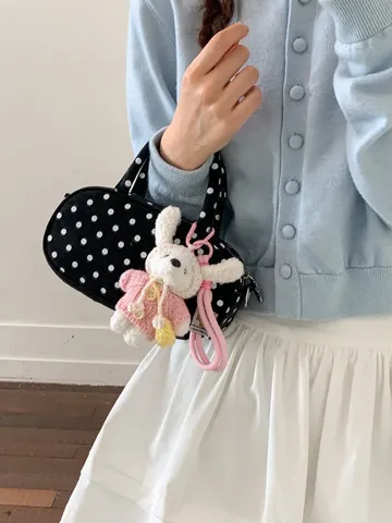 Sac de Bowling à Pois Mode pour Femmes en Cuir PU Poignée Supérieure et Bandoulière Avec Pendentif Peluche