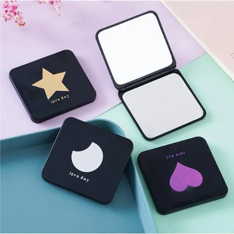 Portable Compact Pocket Makeup Mirror Foldable Double Sided Cosmetic Mirror Plastic Black Case Cute Design Women Daily