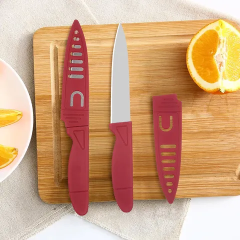 Portable Stainless Steel Fruit Knife With Protective Sheath Red Handle Small Paring Knife For Kitchen Picnic Gadgets