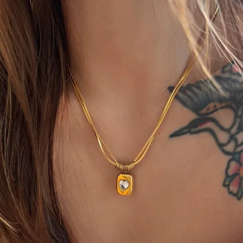 Minimalist Titanium Steel 18K Gold Plated Geometric Heart Tag Necklace Double Layer Snake Chain Zircon Jewelry Gift