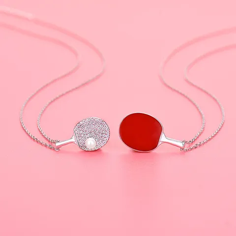 925 Sterlingsilber Tischtennisschläger Anhänger Halskette Echtgold Vergoldet Strass Künstliche Perle Sportlich Schlüsselbein Kette Schmuck Unisex