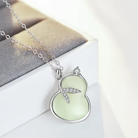 S925 Sterling Silver Natural Nephrite Jade Gourd Pendant Necklace For Women Vintage Gold Plated Rhinestone Jewelry