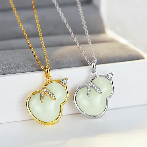 S925 Sterling Silver Natural Nephrite Jade Gourd Pendant Necklace For Women Vintage Gold Plated Rhinestone Jewelry