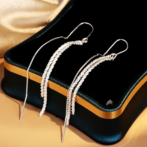 Boucles d'Oreilles Pendantes en Argent Sterling S925 avec Long Gland pour Femmes Chaîne à Double Couche Boucles d'Oreilles Scintillantes Bijoux Mode Cadeau
