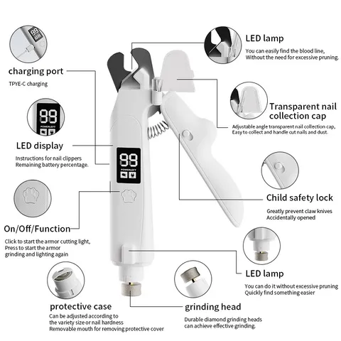Pet Electric Nail Clipper And Grinder 2 In 1 Cat And Dog Nail Trimmer With LED Light Digital Display USB Rechargeable Grooming Tool
