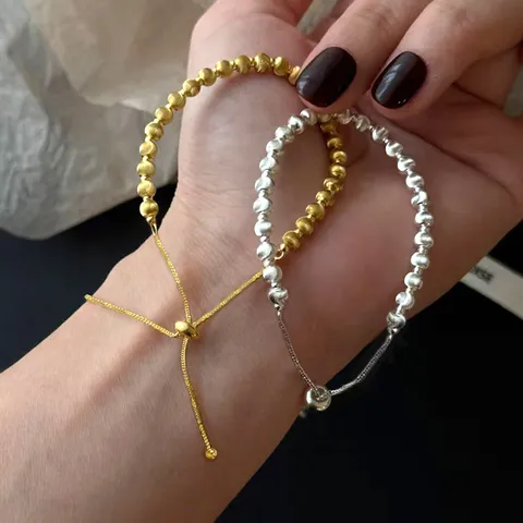 Echtes 925 Sterlingsilber Verstellbares Kordelzug Perlenarmband Galvanisierte Geometrische Runde Kugelkette Luxusschmuck Für Damen Tägliche Reise Geschenk