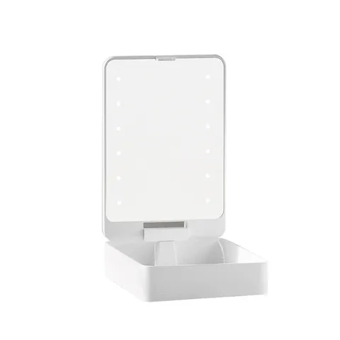 Portable LED Makeup Mirror With Storage Box Desktop Foldable Touch Control Lighted Vanity Mirror Travel Cosmetic Mirror