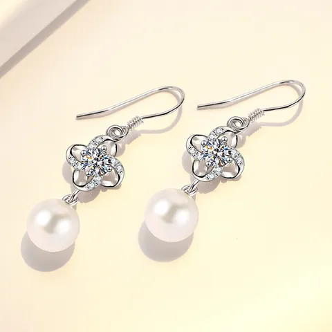 Pendientes de Plata de Ley 925 Trébol de Cuatro Hojas Perla Artificial Mujer Circonia Diamante de Imitación Joyas