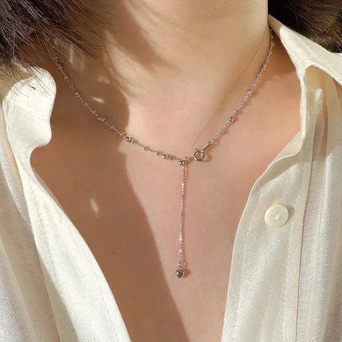 S925 Sterling Silver Italian Handmade Adjustable Necklace Women Sparkling Beaded Chain Heart Pendant Clavicle Chain Jewelry