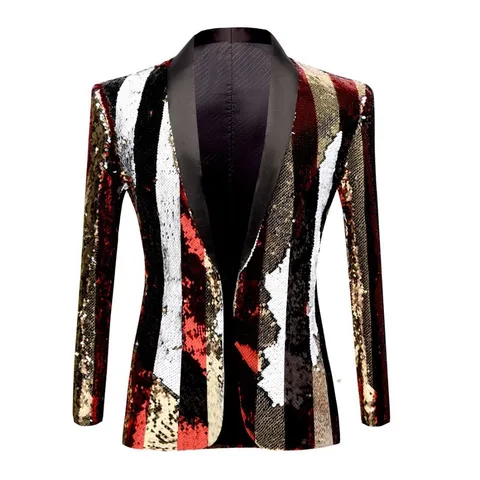 Chqueta de Traje con Lentejuelas Elegante para Hombre Blazer a Rayas Coloridas Solapa de Muesca Discoteca DJ Fiesta