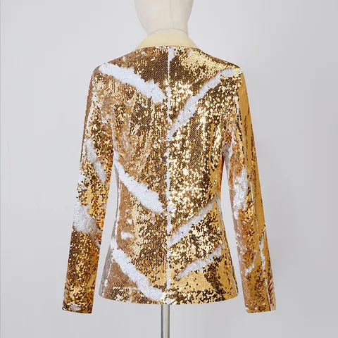 Chaqueta Blazer de Lentejuelas de Moda para Mujer Manga Larga Doble Pecho Cuello Solapa Brillante Ropa de Fiesta