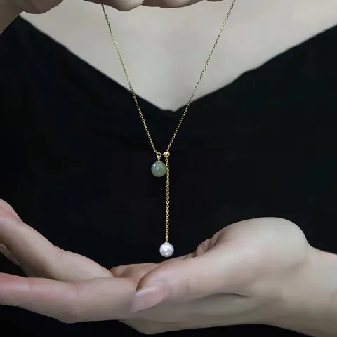 925 Sterling Silver Nephrite Jade Artificial Pearl Necklace For Women Elegant Gold White Gold Plated Y Shaped Double Bead Adjustable Clasp Dainty Jewelry Gift