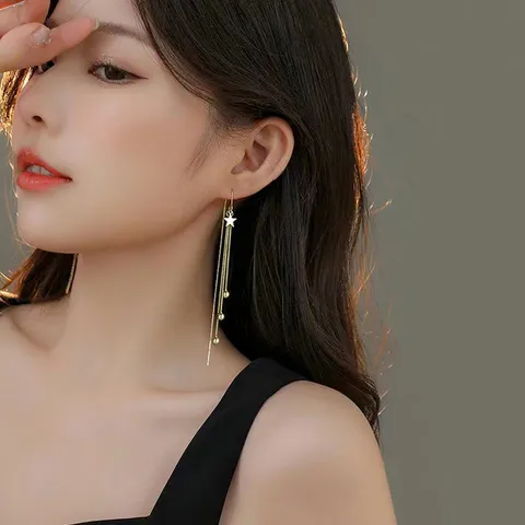 Boucles d'Oreilles Pendantes Étoile en Argent Sterling S925 pour Femmes Longue Chaîne Boucles d'Oreilles Élégantes Bijoux