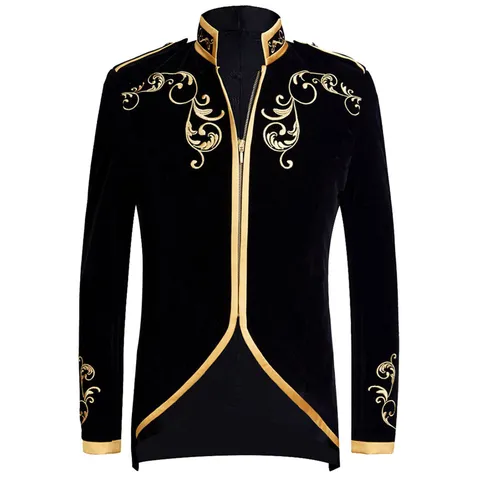 Chaqueta Estilo Corte Retro Bordada para Hombre Ribete Dorado Cuello Alzado Manga Larga Cremallera Ropa para Fiesta de Actuación