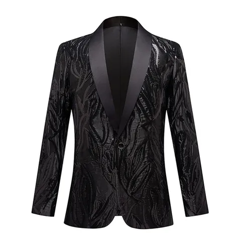 Men's Black Satin Sequins Slim Fit Shawl Lapel Suit Jacket Single Button Blazer For Stage Party