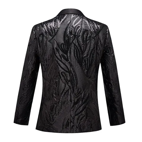 Men's Black Satin Sequins Slim Fit Shawl Lapel Suit Jacket Single Button Blazer For Stage Party