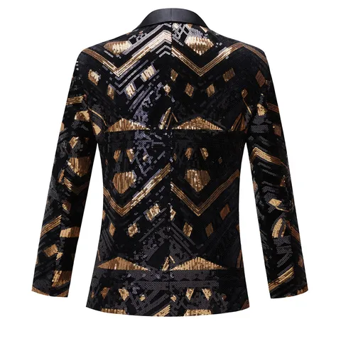 Men's Black Gold Sequin Blazer British Slim Fit Single Button Suit Jacket Stage Performance Tuxedo Outerwear