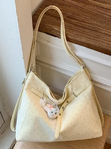 Grand Sac Cabas Femme Cuir PU Pois Épaule Bandoulière Sac à Main de Trajet avec Joli Pendentif Lapin
