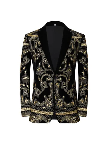 Men's Casual Slim Fit Embroidered Velvet Blazer Jacket Notched Lapel One Button Tuxedo For Stage Performance Party