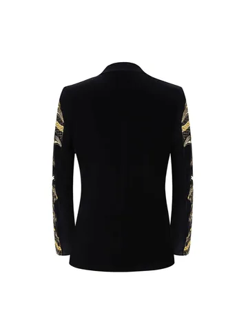 Men's Casual Slim Fit Embroidered Velvet Blazer Jacket Notched Lapel One Button Tuxedo For Stage Performance Party