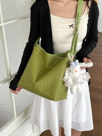 Femme Mode Grande Capacité Tissé PU Cuir Sac Cabas Décontracté Commuter Épaule Bandoulière Sac Avec Pendentif Lapin Peluche