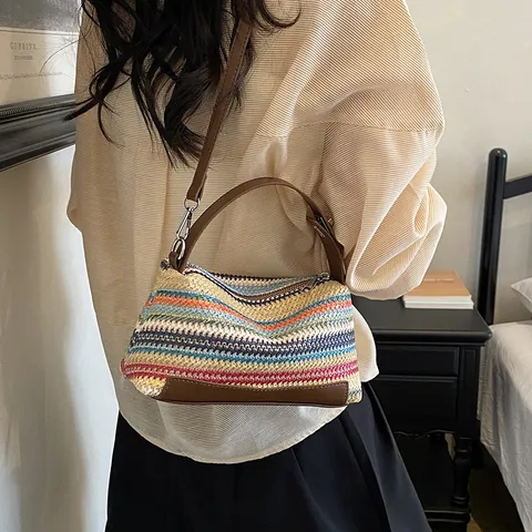 Mujeres Paja Tejida Bolso de Hombro Casual Vacaciones Playa Tote Bag Gran Capacidad Bolso Cruzado Almohada Viaje Verano Bolso de Mano