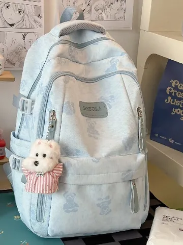 Sac à Dos d'École en Nylon Décontracté pour Étudiants Grande Capacité Joli Imprimé d'Ours Cartable Sac de Voyage avec Pendentif