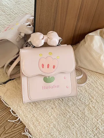 Mini Sac à Dos pour Femmes en Cuir PU Mignonne Broderie Tulipe Nœud 3D Sac Bandoulière Sac de Voyage Décontracté pour Filles