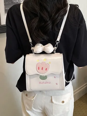 Mini Sac à Dos pour Femmes en Cuir PU Mignonne Broderie Tulipe Nœud 3D Sac Bandoulière Sac de Voyage Décontracté pour Filles
