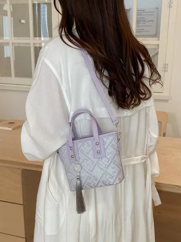 Nouveau Style Chinois Femmes Sac Seau Jacquard Glands Sac Bandoulière Cuir PU Mode Décontracté Sac à Main Cabas