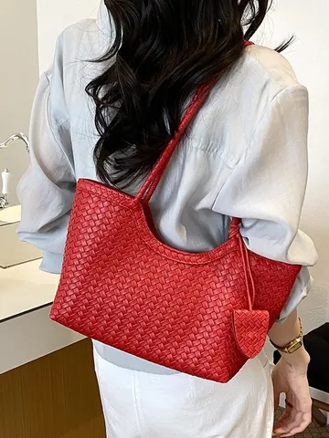 Femmes Grande Capacité PU Cuir Tissé Sac Cabas Décontracté Sac à Main Commuter Mode Sous Les Bras Sac Bandoulière