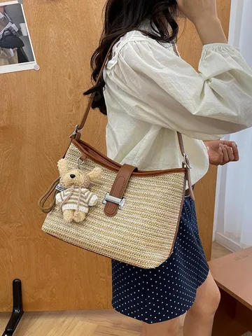 Womens Bohemian Straw Bucket Bag Large Capacity Casual Beach Shoulder Crossbody Bag Woven Handbag With Pendant