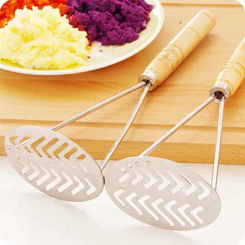 Stainless Steel Potato Masher with Wooden Handle Heavy Duty Kitchen Potato Ricer Fruit Vegetable Masher Tool