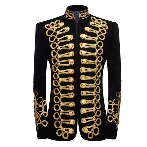 Blazer de Terciopelo Vintage para Hombre Estilo Corte Europeo Cuello Alto Un Botón Bordado de Oro Chaqueta de Traje Ropa de Abrigo