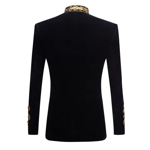 Blazer de Terciopelo Vintage para Hombre Estilo Corte Europeo Cuello Alto Un Botón Bordado de Oro Chaqueta de Traje Ropa de Abrigo